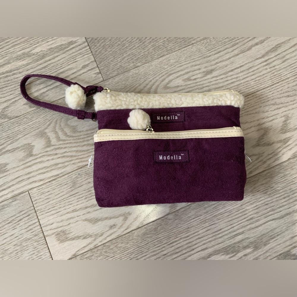 New Modella Purple Sherpa Makeup Cosmetic Pouch Set